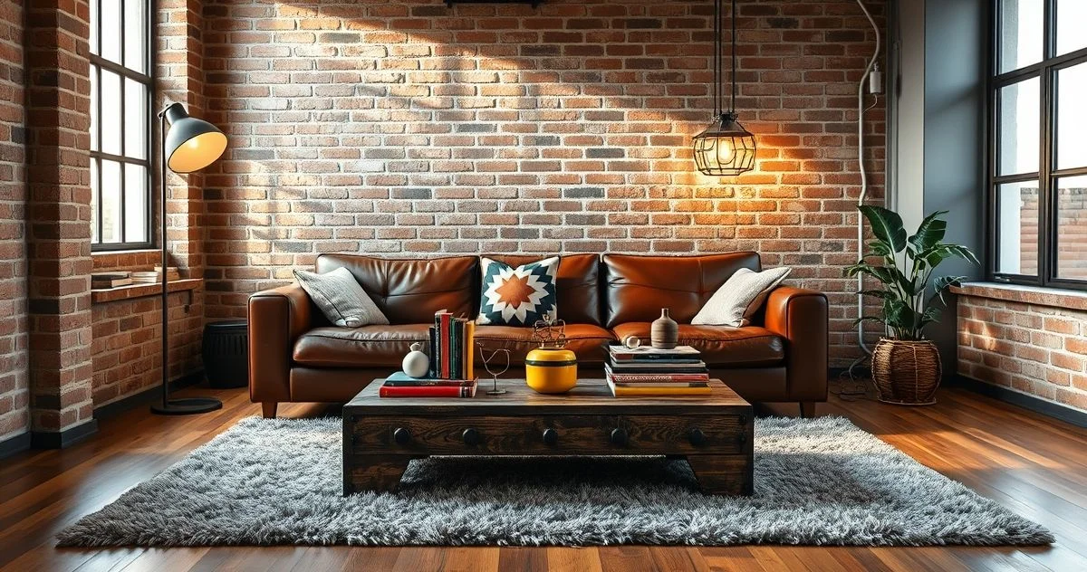 Imagem realista de um studio com parede de tijolinho aparente