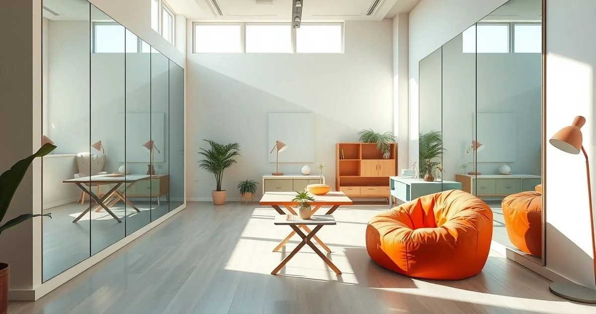 Fotografia realista de um studio com espelhos grandes nas paredes para ampliar o espaço