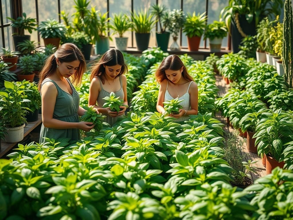 Colhendo manjericão fresco na horta: um ato de autocuidado e conexão com a natureza.