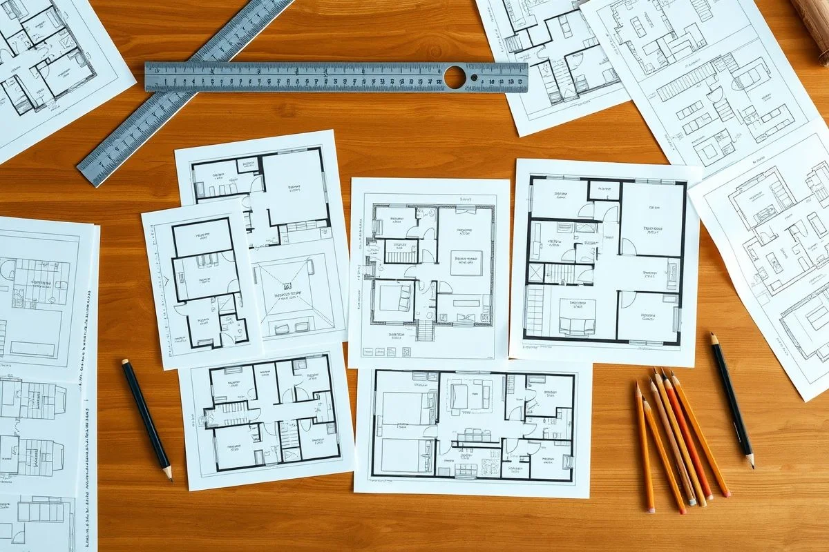 Diversas plantas de casas prontas organizadas em uma mesa de madeira.