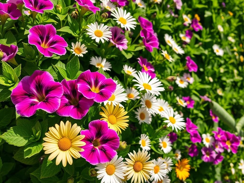 Flores para jardim vertical ensolarado: petúnias, margaridas e outras opções radiantes.