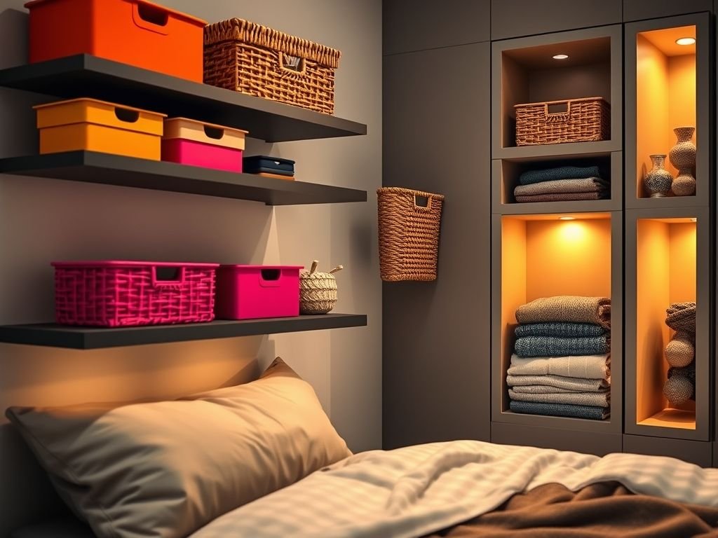 Ideias de organização inteligente para quartos pequenos: prateleiras, caixas e cestos para otimizar o espaço e manter tudo em ordem.