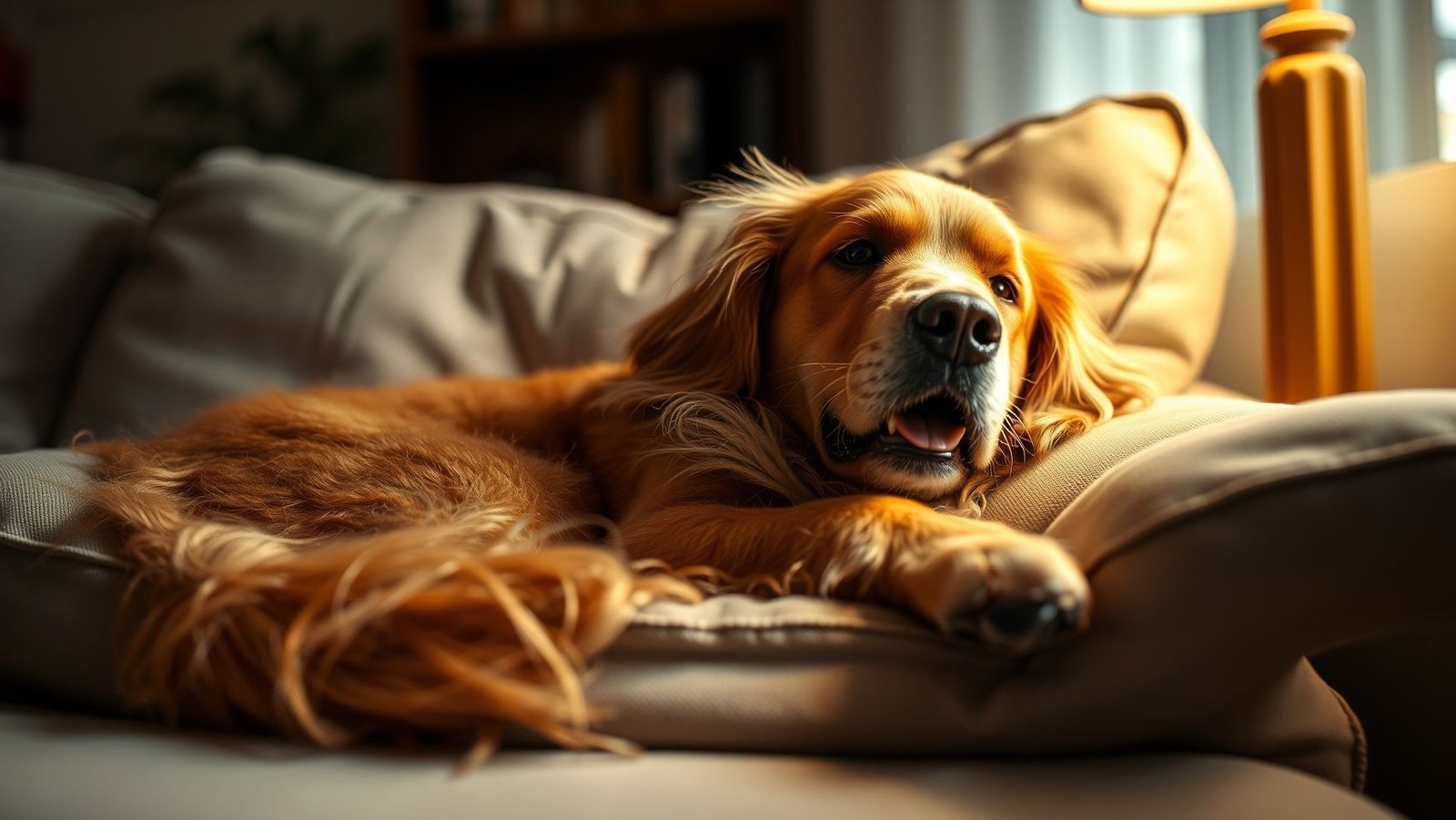 Cachorro Golden Retriever relaxando em sofá cinza - Guia para eliminar cheiro de cachorro do sofá