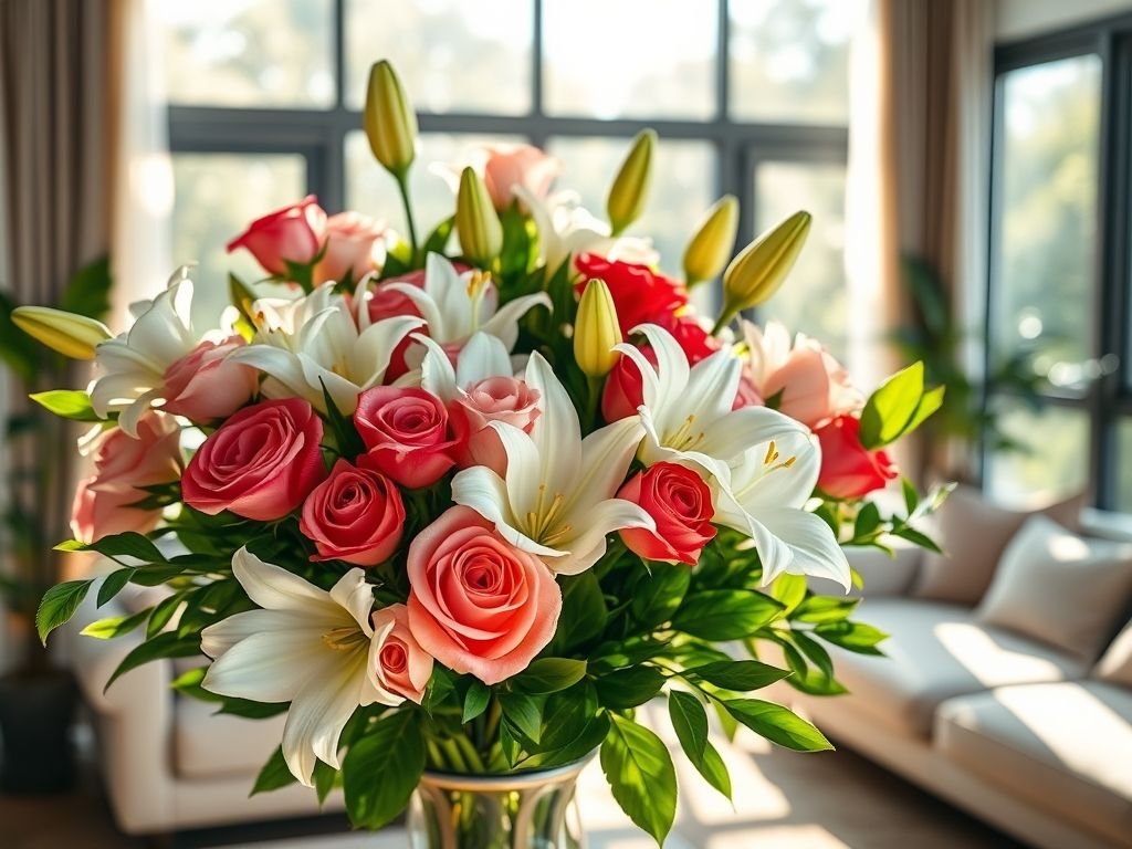 Decoração com flores naturais: arranjo elegante de rosas e lírios na sala de estar, ambiente acolhedor e iluminado