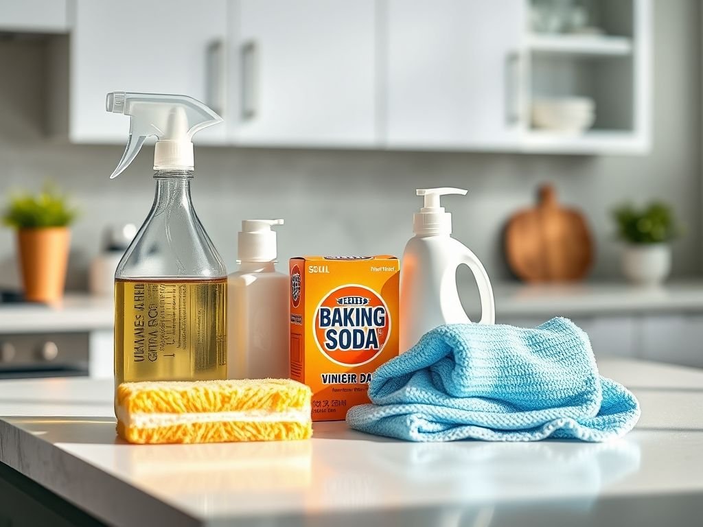 Kit de limpeza essencial para remover gordura da cozinha: produtos e ferramentas.