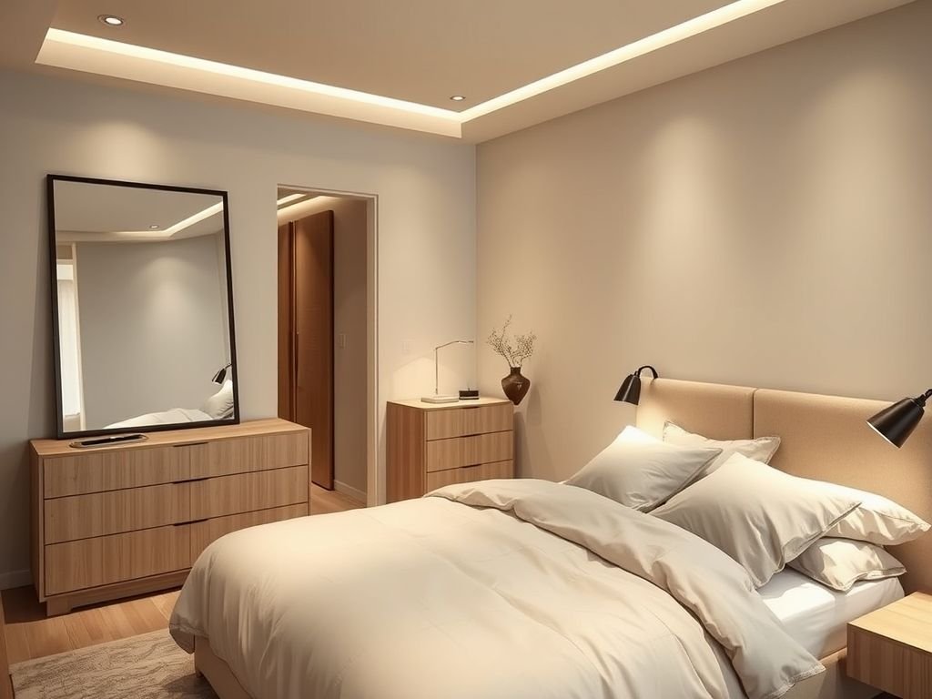 Quarto com espelho de corpo inteiro e cômoda criando um ambiente elegante e funcional - Decoração com espelhos