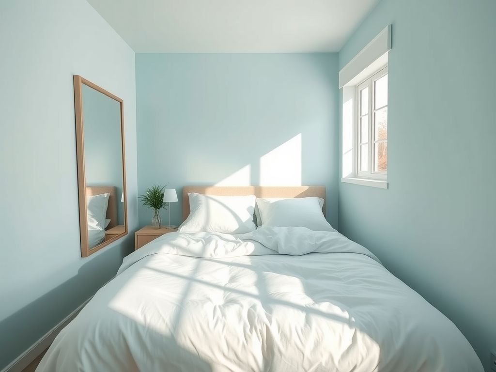 Quarto pequeno com paredes azuis claras e espelho para ampliar o espaço visualmente. Dicas de decoração com cores claras.