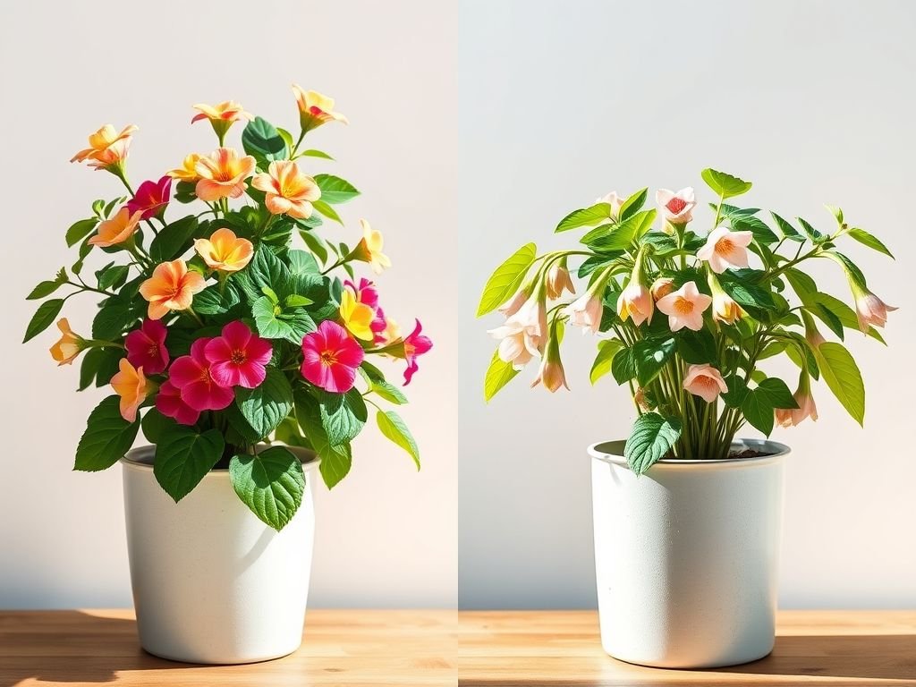 Comparativo: planta com adubo caseiro (flores vibrantes) versus planta sem adubo (flores murchas), demonstrando a importância da adubação.