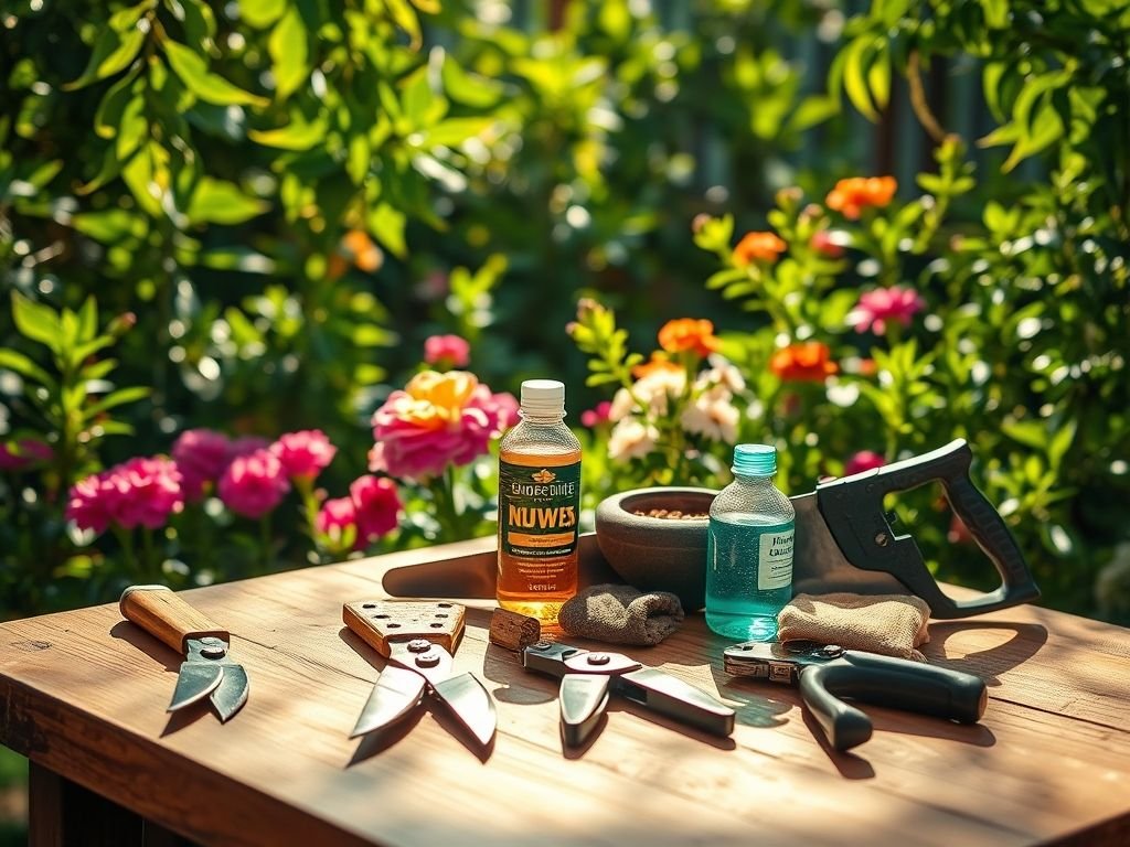 Ferramentas essenciais para a poda de flores: tesoura de poda, tesourão, serra, luvas e álcool 70%. Kit completo para jardinagem.