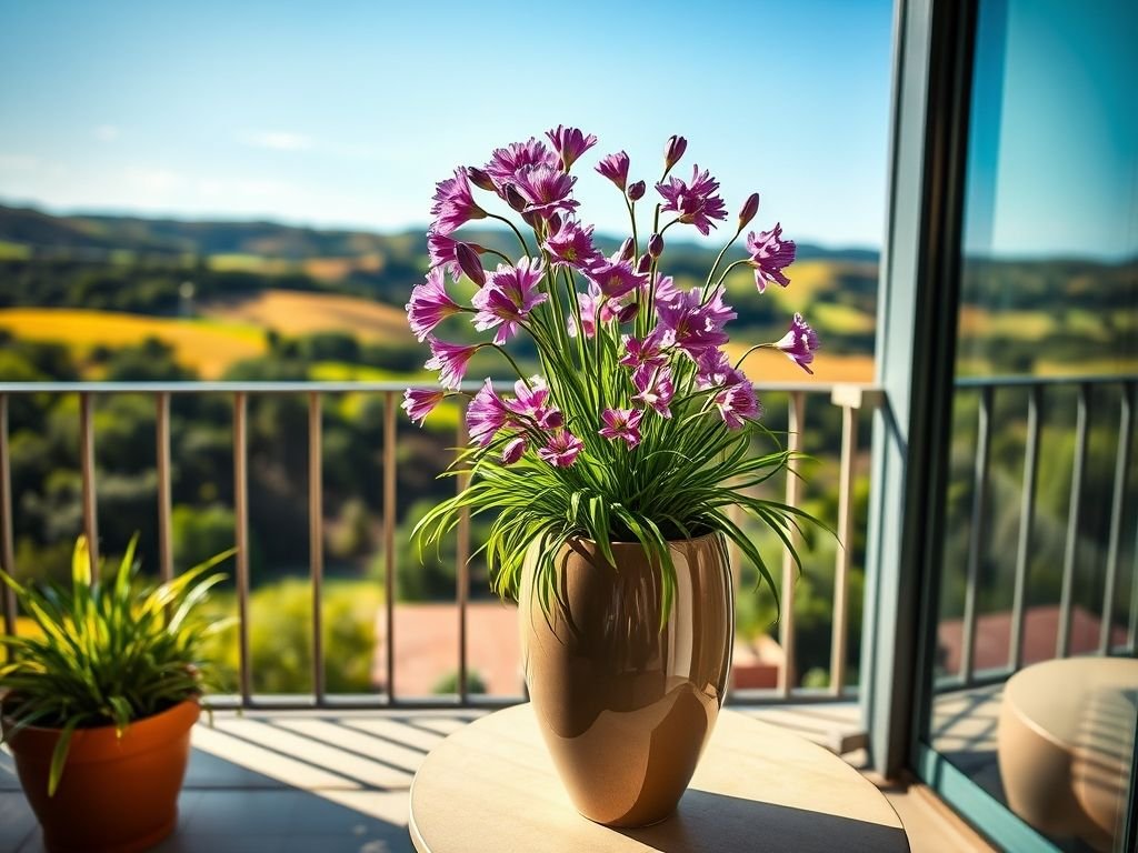 Agapanto florido em vaso decorativo, ideal para varandas e pequenos espaços. Dicas de jardinagem e paisagismo em vasos.