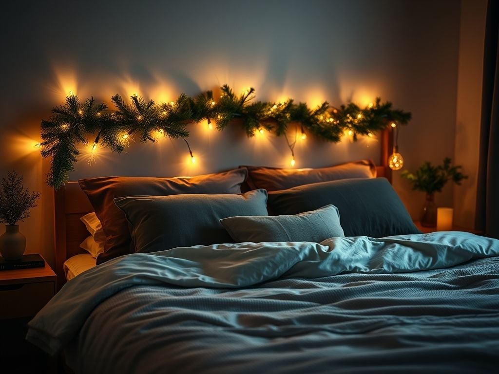 Quarto decorado com pisca-pisca na cabeceira: iluminação romântica e aconchegante. Ideias para decoração de quarto DIY.