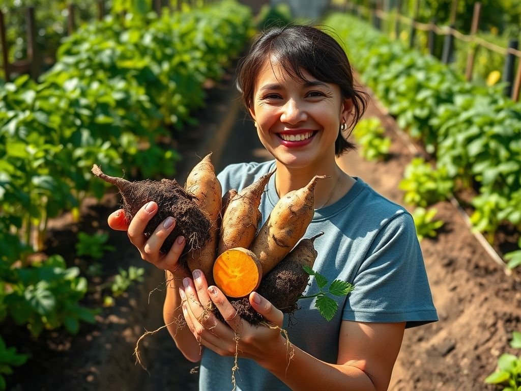 Colhendo batata doce: aprenda o momento certo e como fazer a colheita. Dicas para uma colheita farta de batata doce caseira.