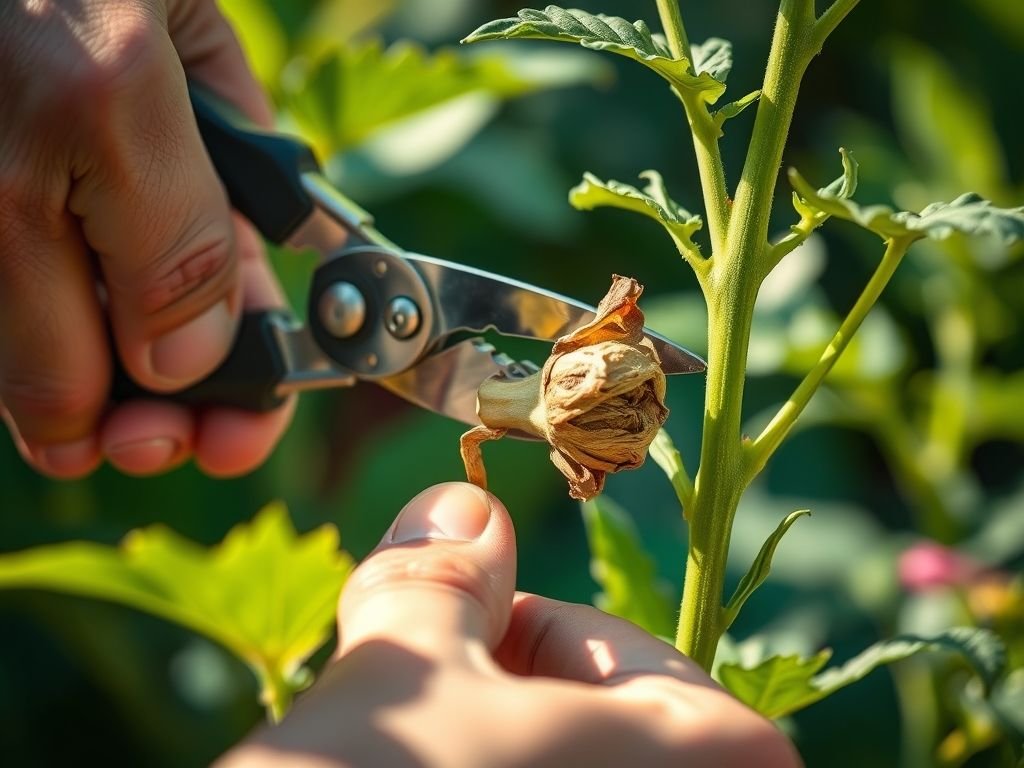 Poda de flores essencial para um jardim vibrante. Técnica de remoção de flores murchas para estimular o crescimento e floração.