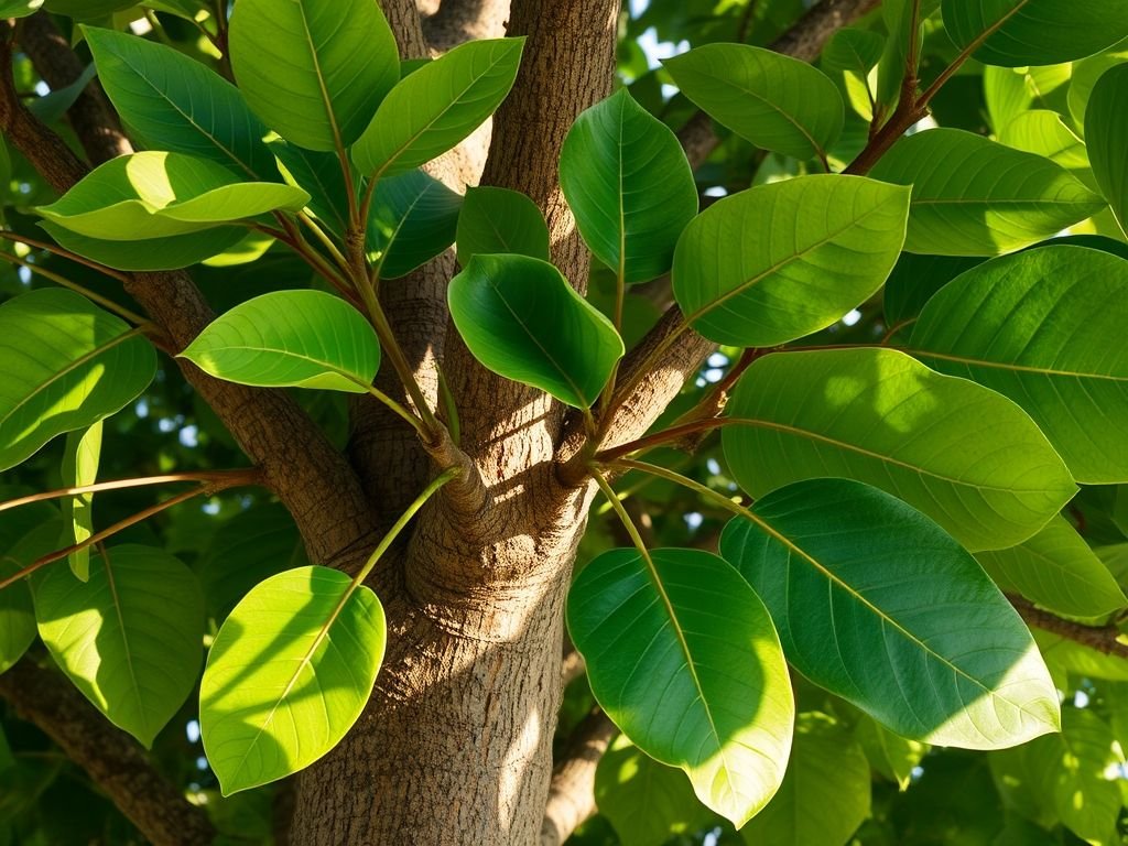 Gameleira na Mata Atlântica: tronco robusto, raízes aéreas e copa densa sob a luz do sol.