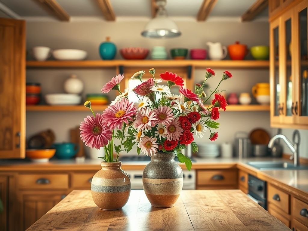 Decoração com flores na cozinha: buquê de flores do campo para um ambiente alegre e convidativo, cozinha decorada com cores vibrantes
