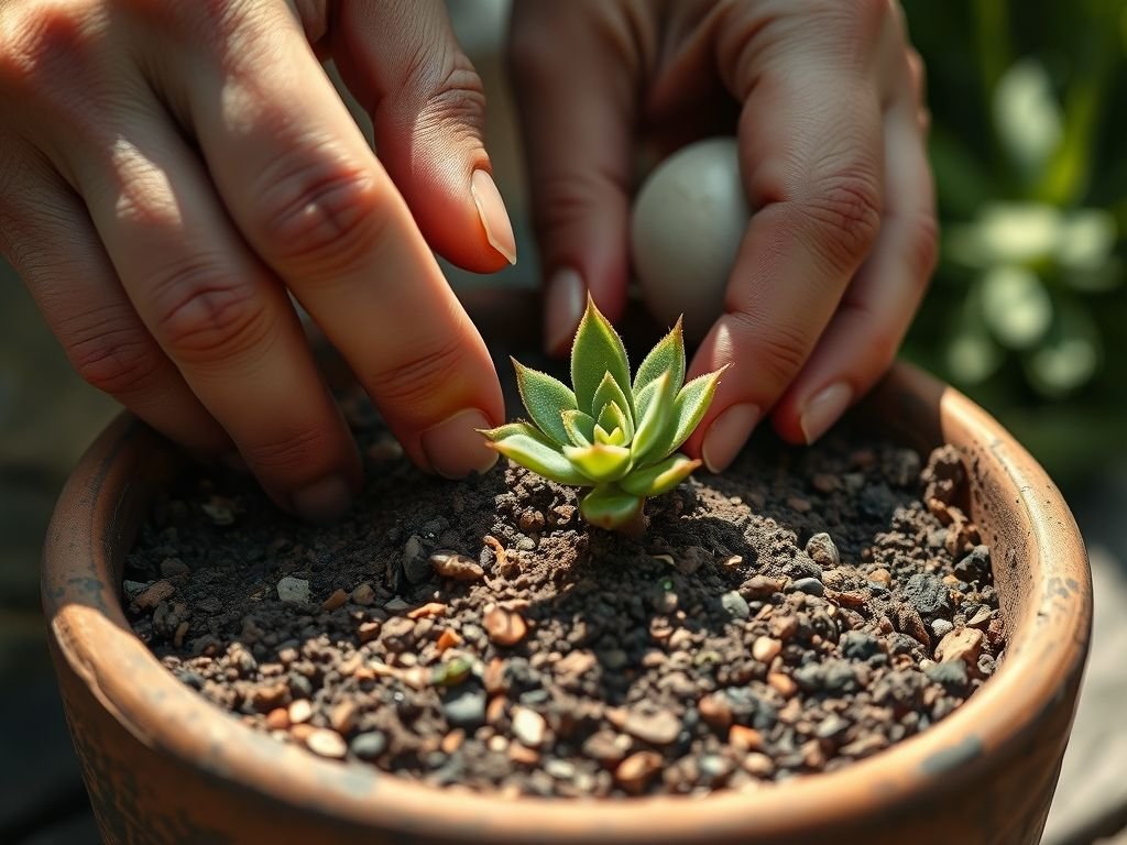Mãos plantando suculenta em vaso: guia prático de jardinagem para iniciantes