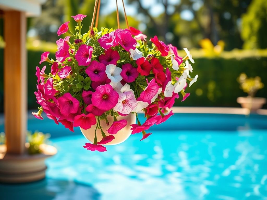 Vasos suspensos com petúnias para decorar a área da piscina: Ideias criativas e coloridas.