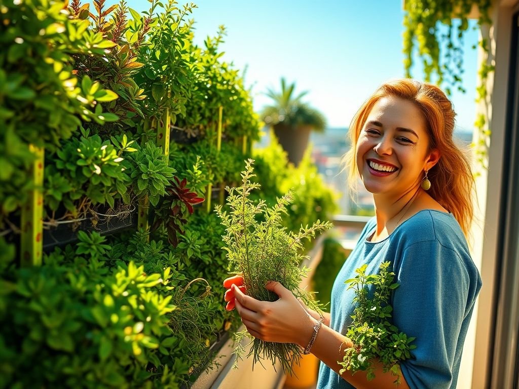 Mulher colhendo manjericão fresco de horta vertical em varanda ensolarada. Horta vertical com vasos coloridos e reaproveitados.