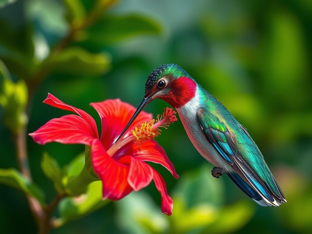 Beija-flor se alimentando em hibisco vermelho: Atraia beija-flores para seu jardim!