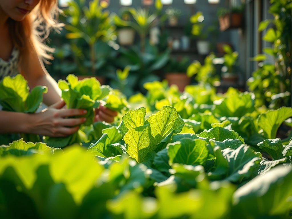 Colheita de alface orgânica em casa, mãos femininas colhendo alface fresquinha da horta