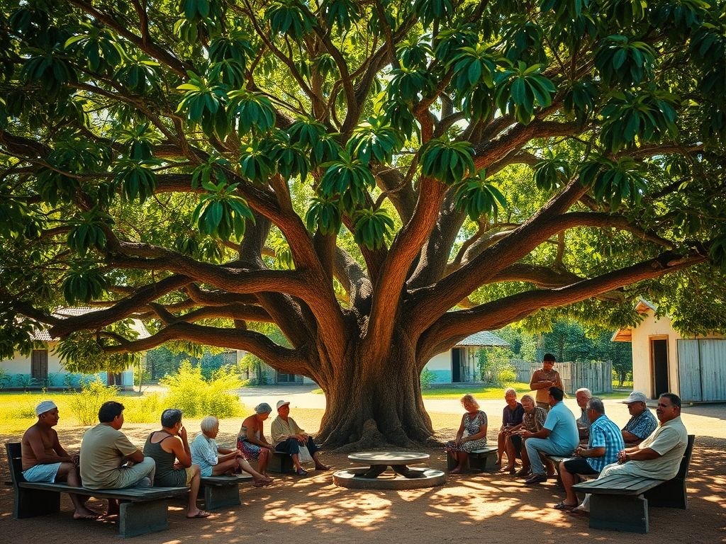 Gameleira como ponto de encontro comunitário: união e tradição em comunidade rural brasileira.