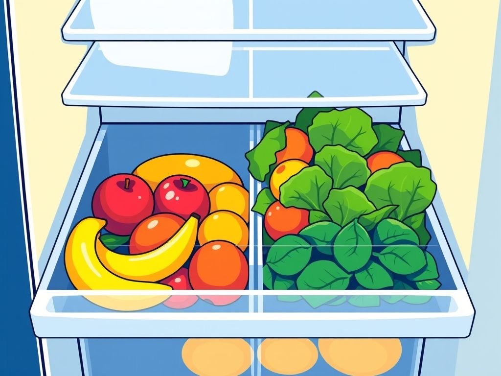 Como organizar frutas e verduras na geladeira, ilustração vetorial, dicas de conservação