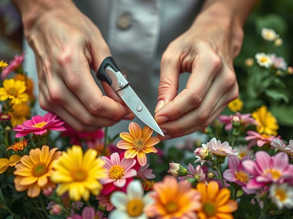 Como criar arranjos de flores: mãos cortando caules na diagonal para aumentar a durabilidade das flores, dicas de jardinagem