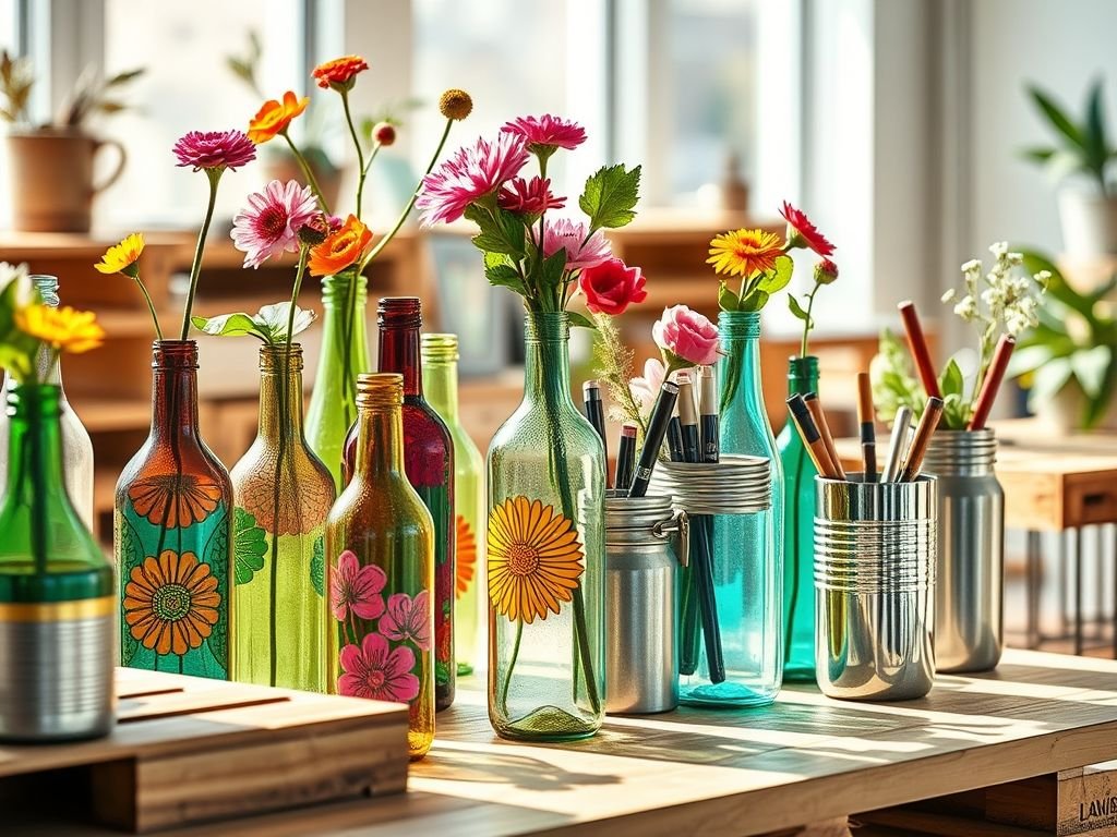 Ideias de decoração com materiais reciclados: vasos de garrafa, porta-lápis de lata, sofá de pallet e pufe de pneu. Decoração sustentável e econômica.