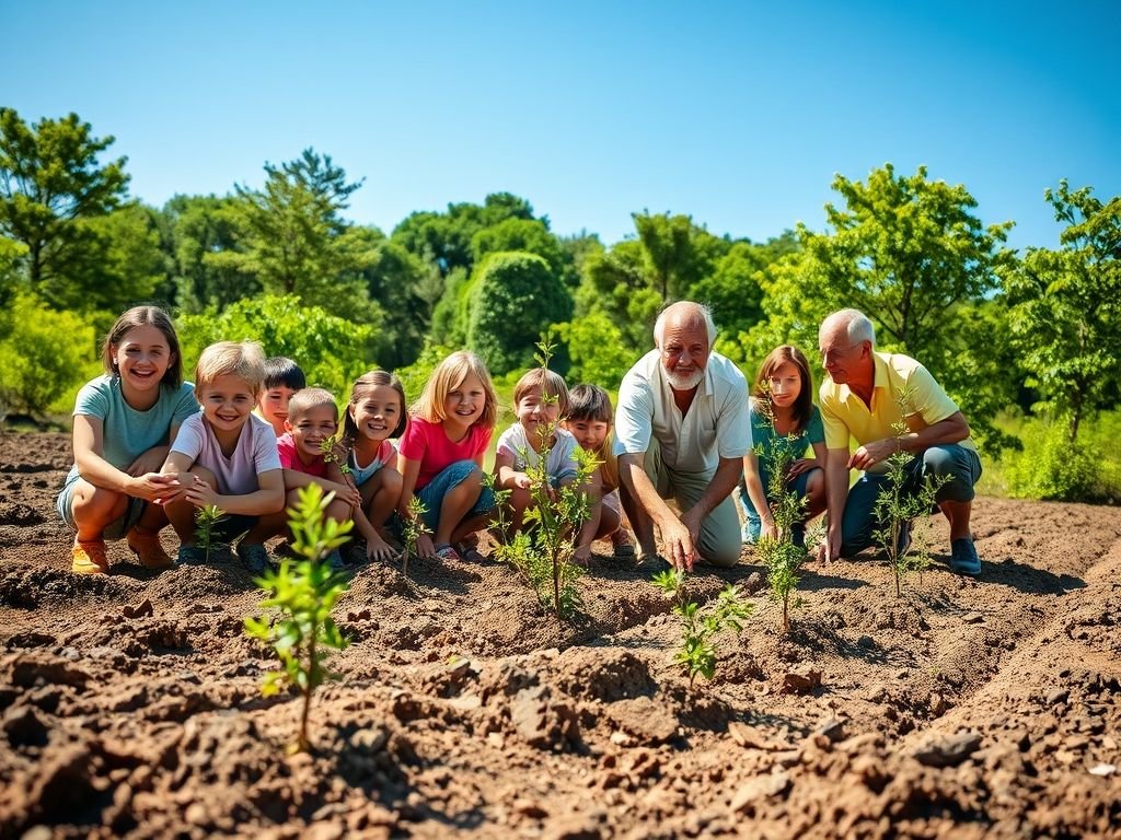 Comunidade plantando árvores para restaurar área degradada: ação coletiva para um futuro sustentável.