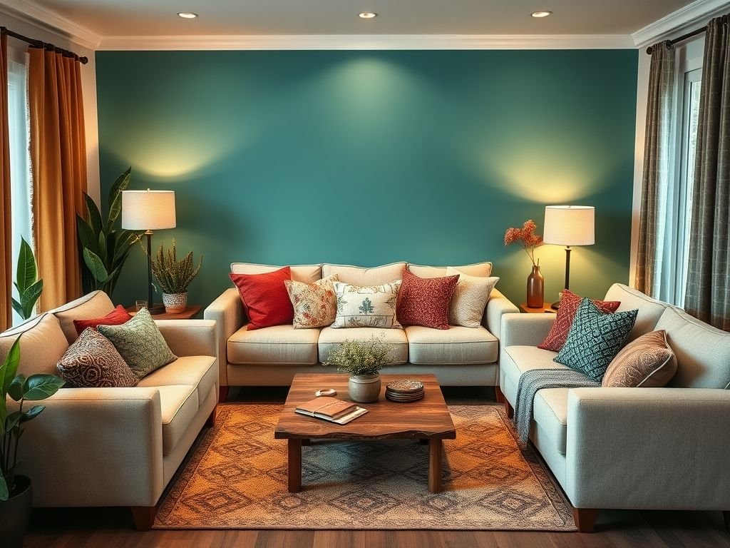 Sala de estar decorada com DIY: parede colorida, almofadas artesanais e caixotes reciclados. Decoração barata e criativa.