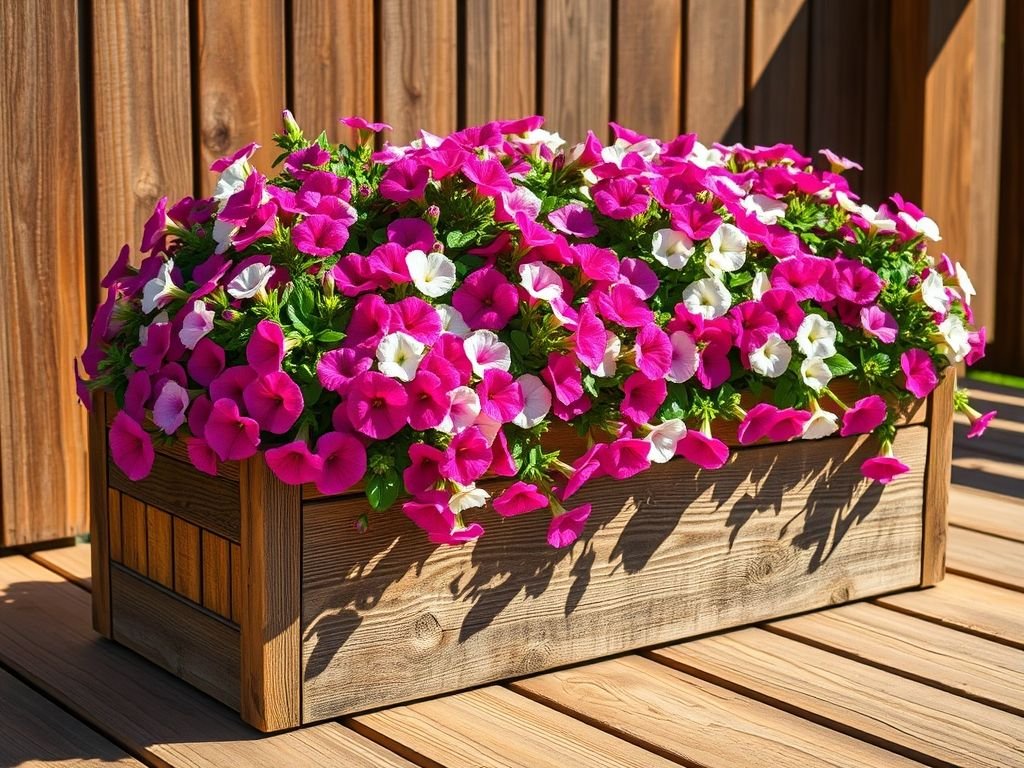 Jardineira de madeira com petúnias coloridas mostrando a profundidade ideal de 15cm para o cultivo saudável das flores.