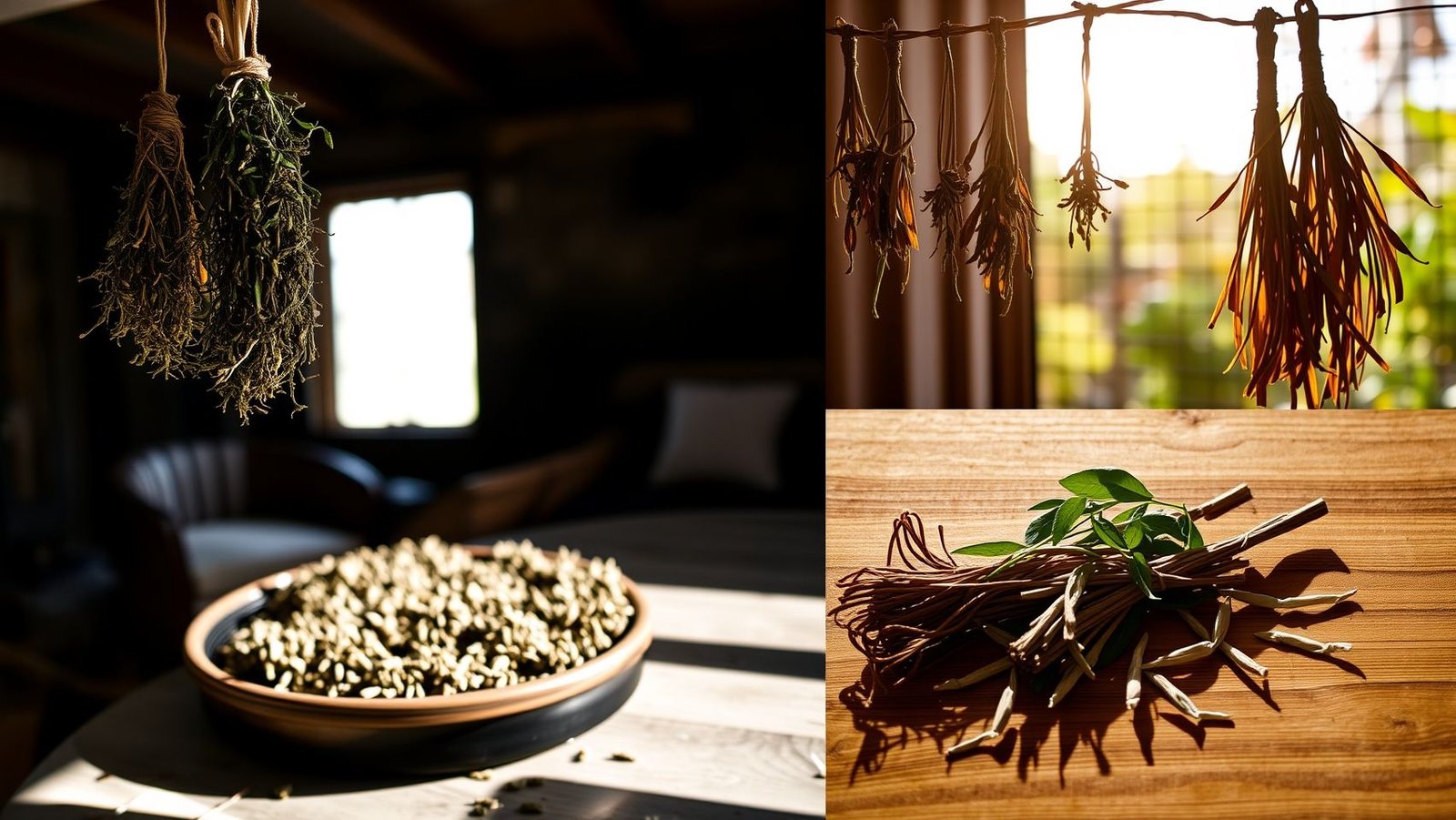 Comparativo visual dos métodos de secagem de ervas: ao ar livre, forno, micro-ondas e desidratador | Guia Completo