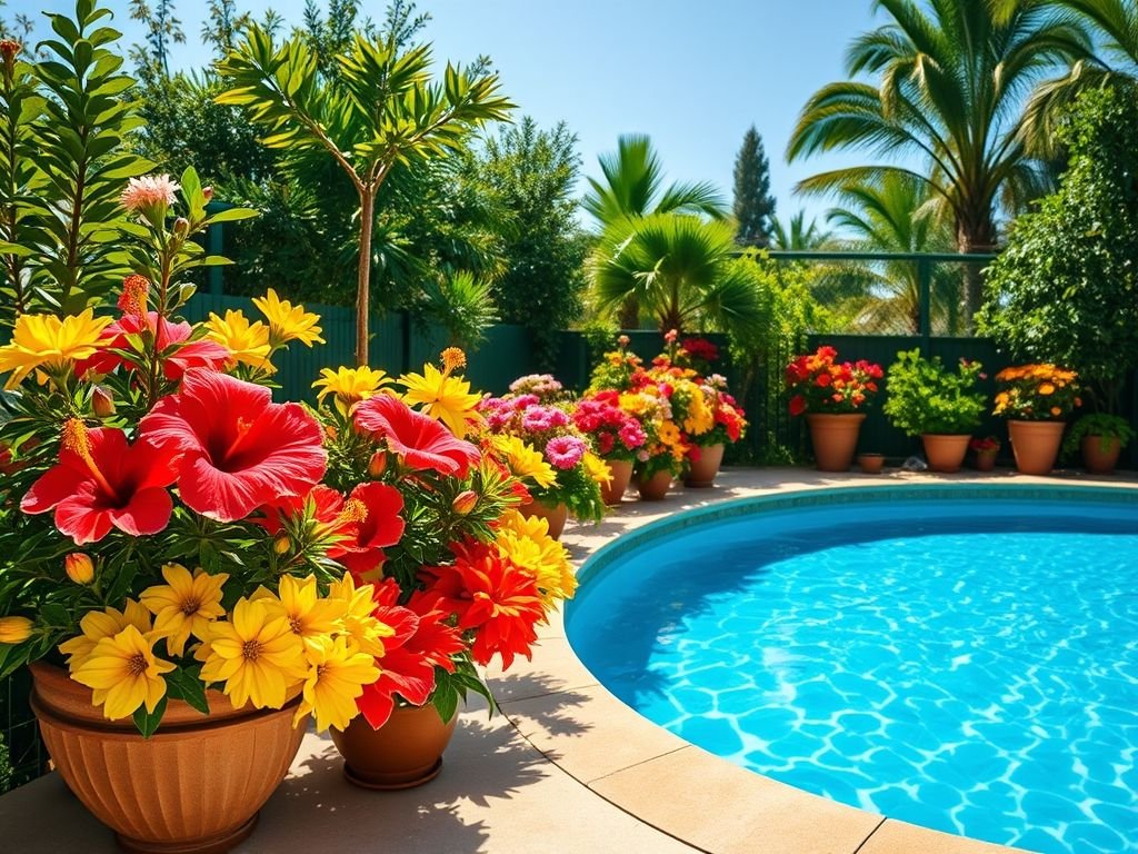 Flores para piscina: Ideias para um jardim colorido e resistente ao cloro.