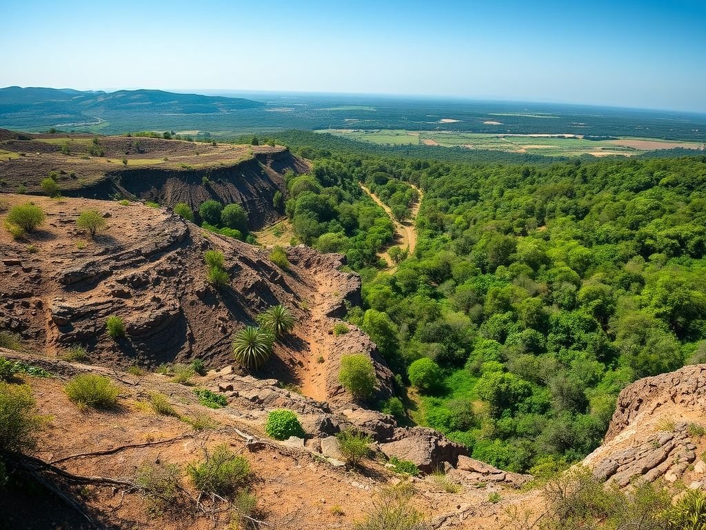 Impacto da degradação ambiental e recuperação florestal: comparação visual de área devastada versus área restaurada com árvores nativas.
