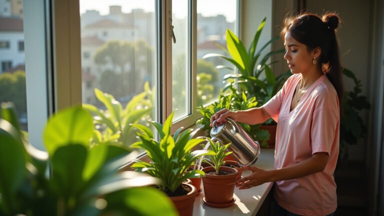 Mulher regando plantas com água de arroz na varanda.