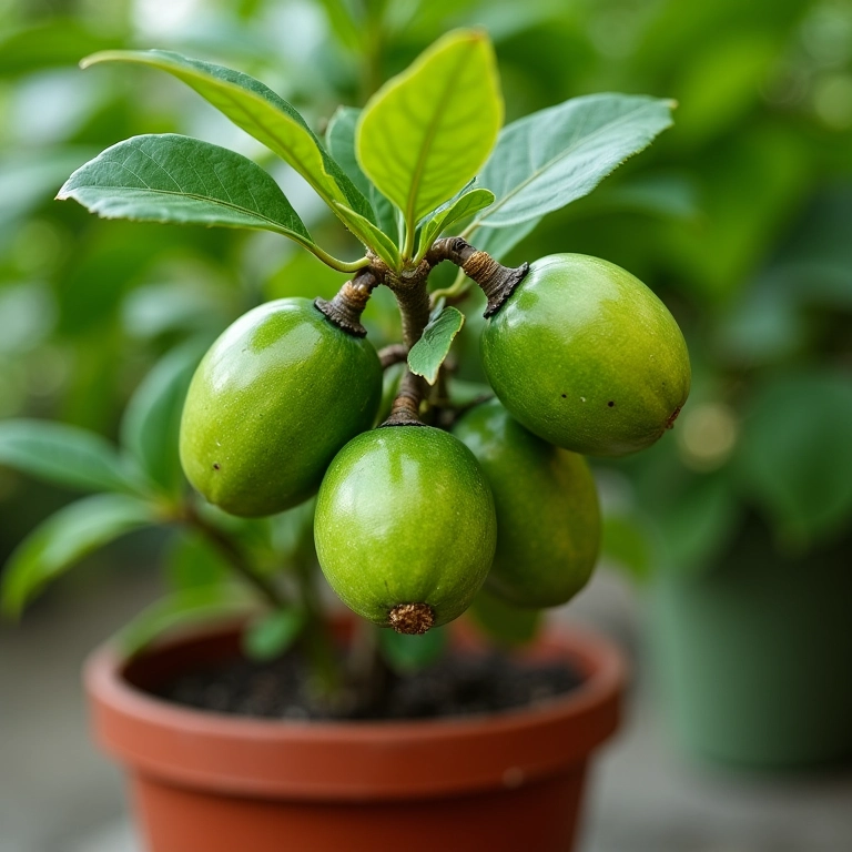 Acerola em vaso com pequenos frutos verdes.