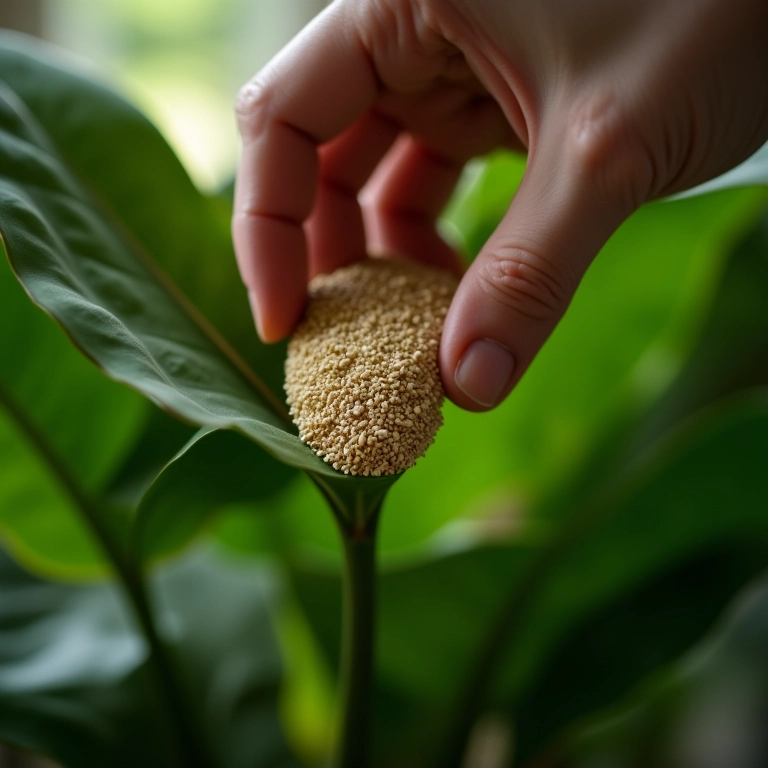 Adubando o Filodendro-Brasil com adubo de liberação lenta.