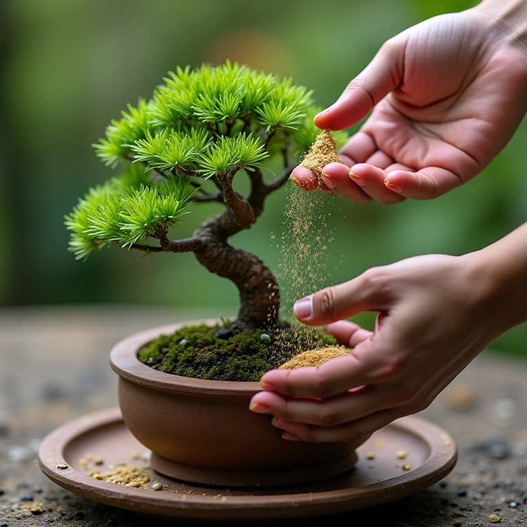 Adubando um bonsai para nutrição.