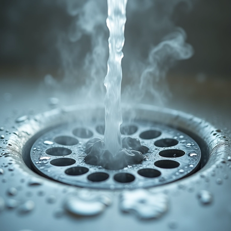 Água fervente sendo despejada em um ralo de chuveiro.