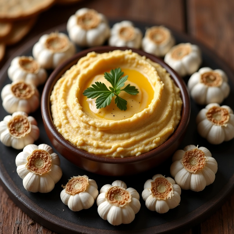 Alho assado ao redor do homus.