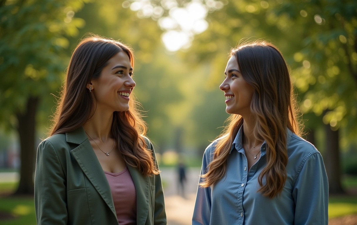 Amigos conversando em um parque, descrevendo suas árvores favoritas e o que isso revela sobre suas personalidades.
