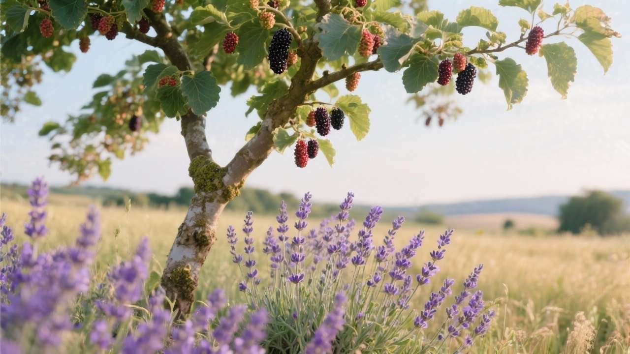 Amoreira e lavanda crescendo juntas em um campo.