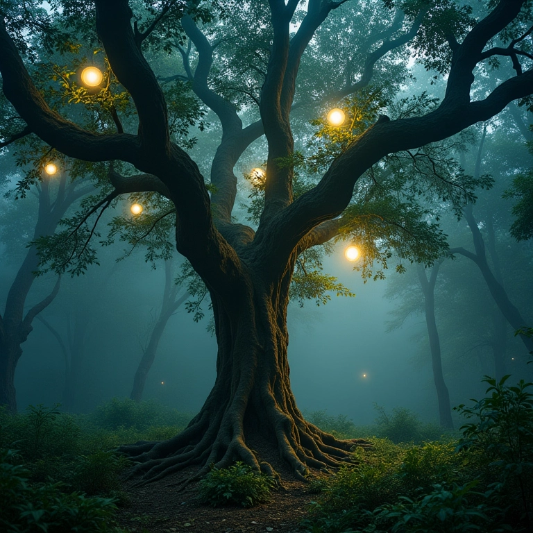 Árvore antiga com orbes brilhantes em floresta mística, representando lendas de árvores famosas.