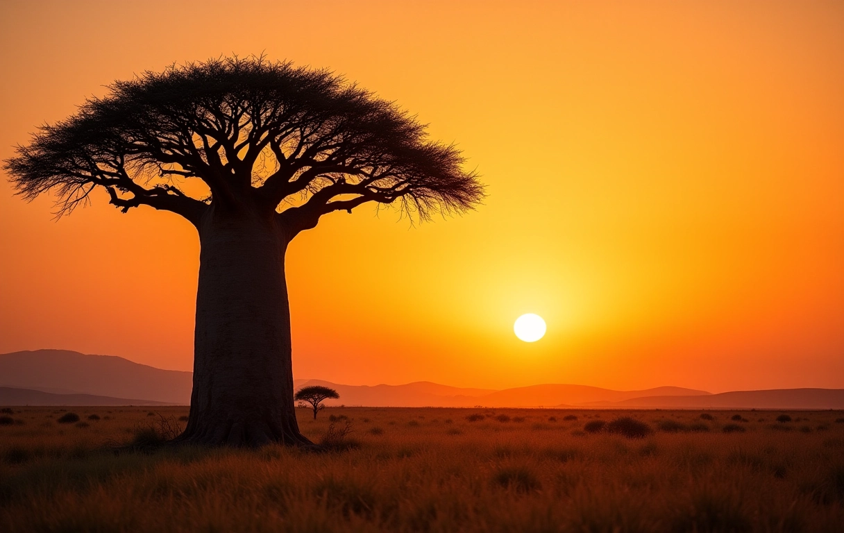Árvore Baobá majestosa na savana africana ao pôr do sol, simbolizando resiliência e longevidade na psicologia das árvores.