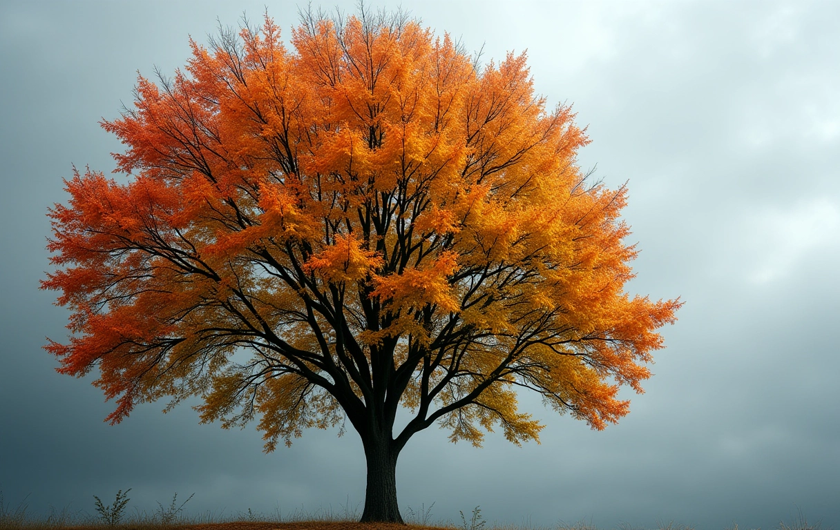 Árvore com folhas descoloridas e danificadas pela chuva ácida.