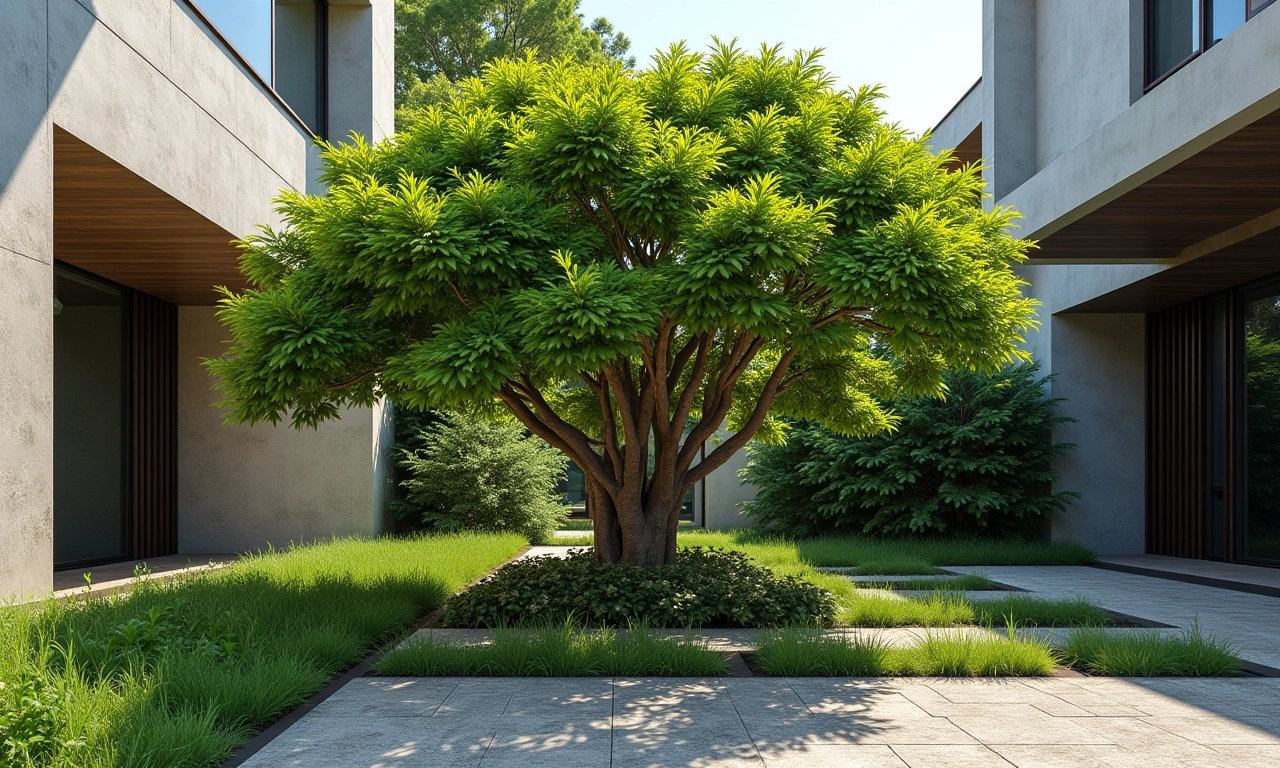 Árvore nativa integrada a um projeto paisagístico moderno, com estética brasileira.