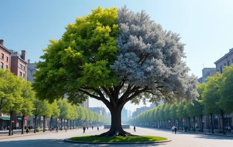 Árvore urbana com metade da folhagem saudável e metade danificada pela poluição.