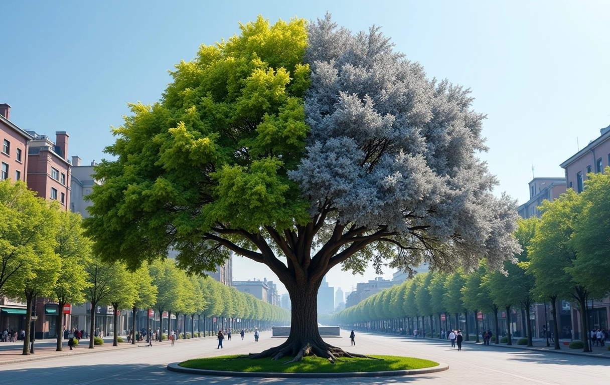 Árvore urbana com metade da folhagem saudável e metade danificada pela poluição.