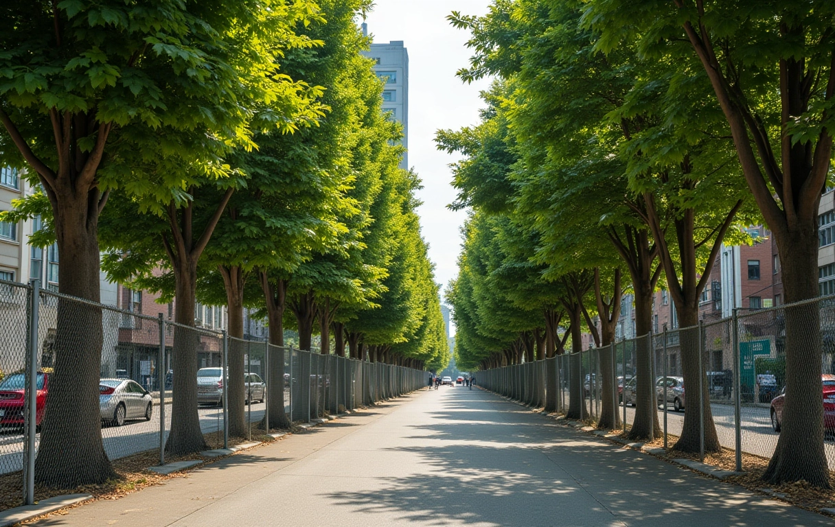 Árvores protegidas por cercas contra vandalismo em parque urbano.