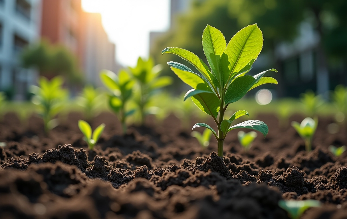 Árvores recém-plantadas em local adequado em ambiente urbano.